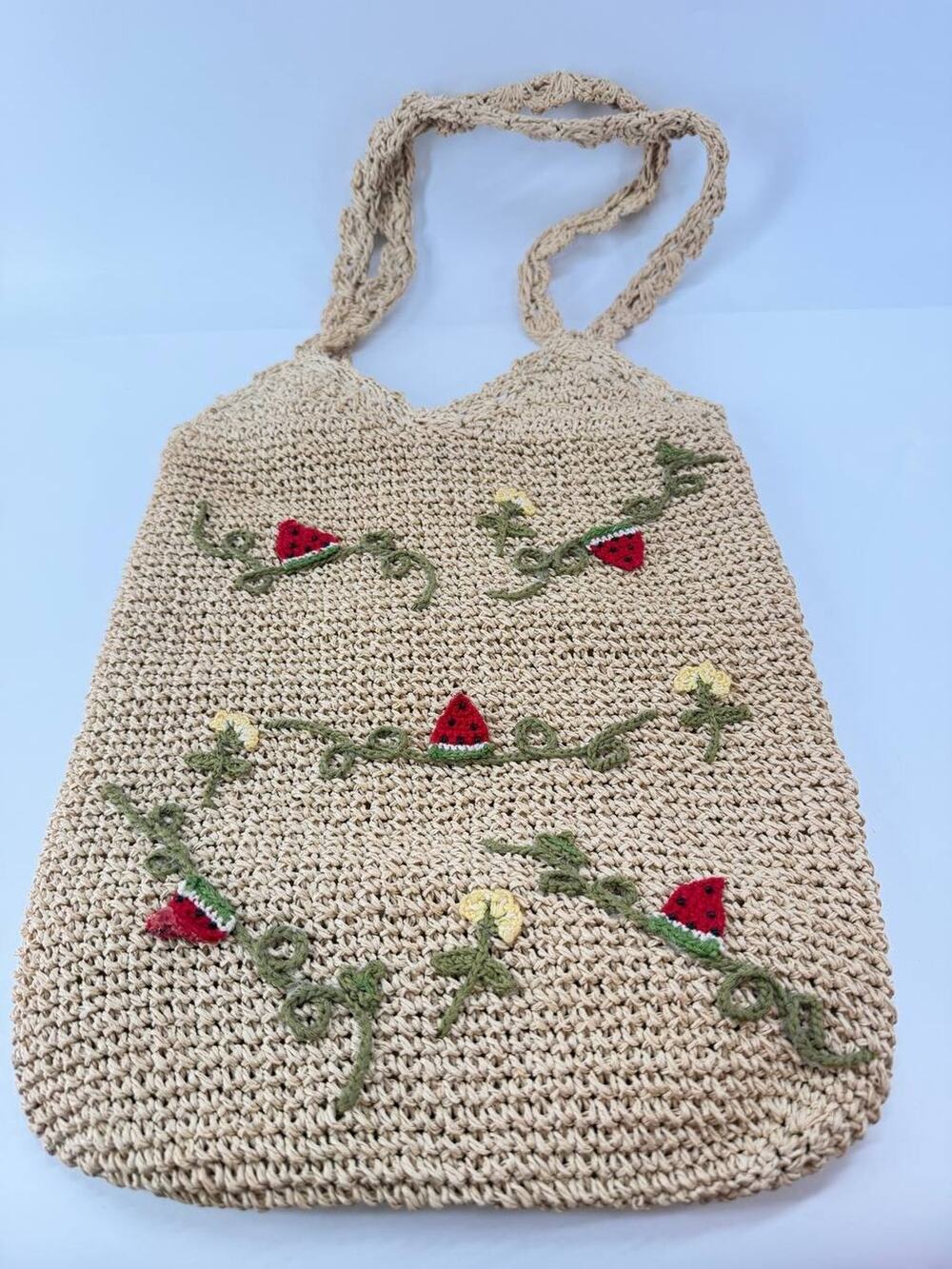 Vintage Cappelli Straworld Crochet Straw Watermelon Shoulder Bag Purse